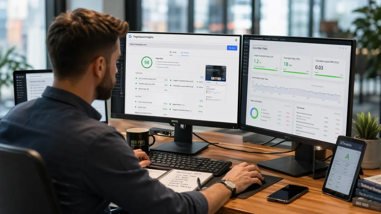 Ek SEO professional do monitors par PageSpeed Insights aur Core Web Vitals dashboard ka istemal karte hue Website Speed Optimization for Technical SEO par kaam kar raha hai.
