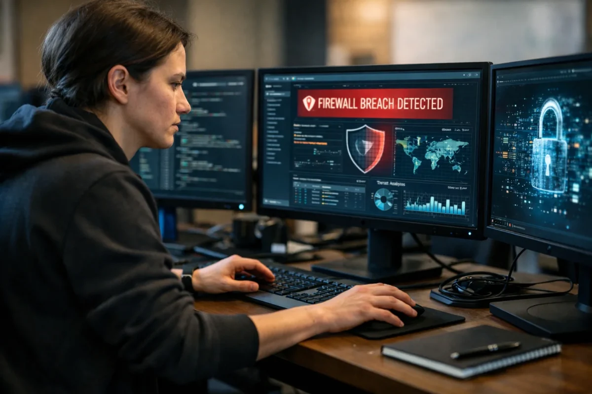 Managed Cybersecurity Services team monitoring real-time data on digital screens to protect business networks from threats.