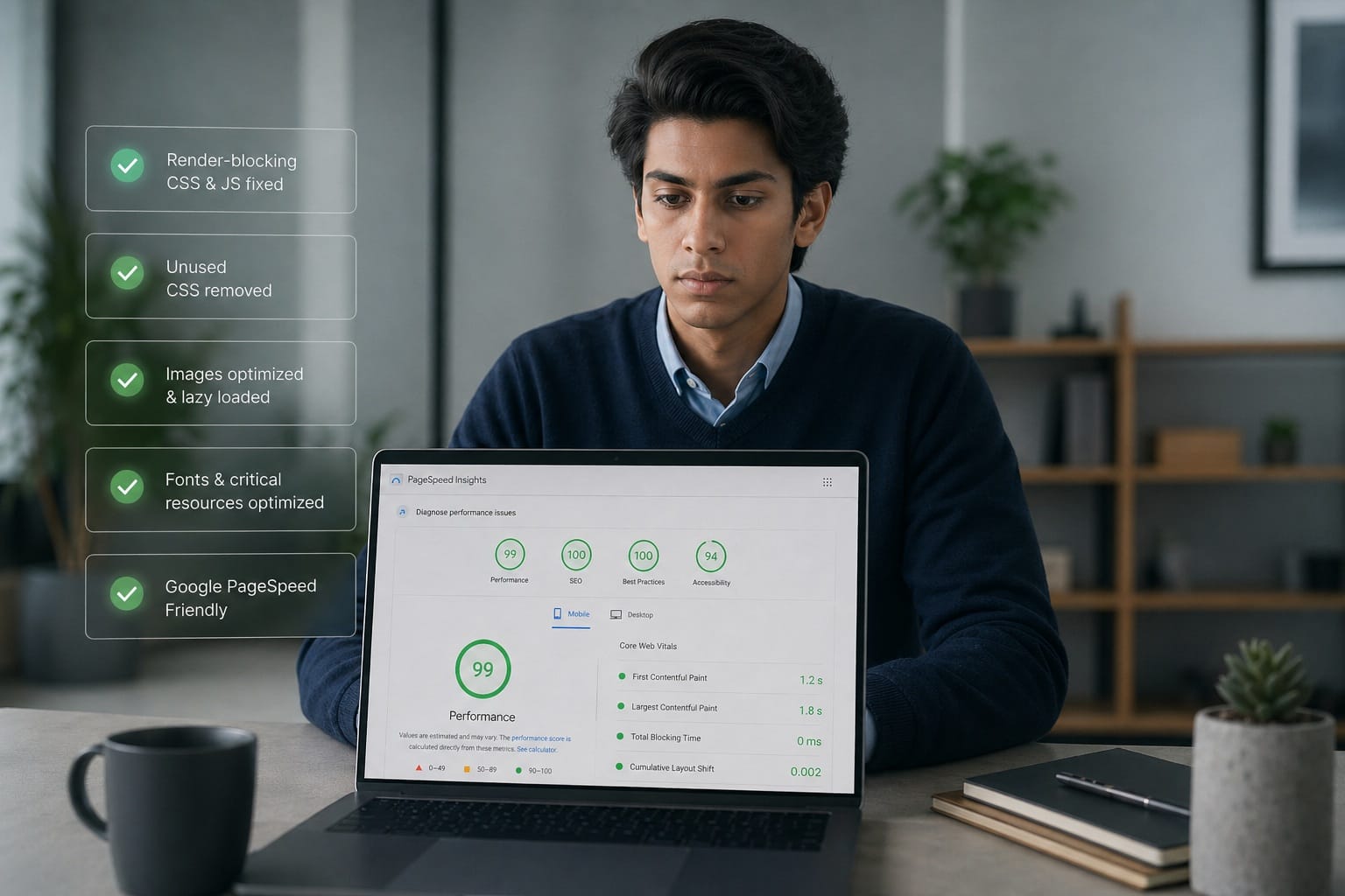 Technical SEO and web performance optimization results for reonsys.com showing PageSpeed Insights scores, Core Web Vitals improvements, and fast loading performance.