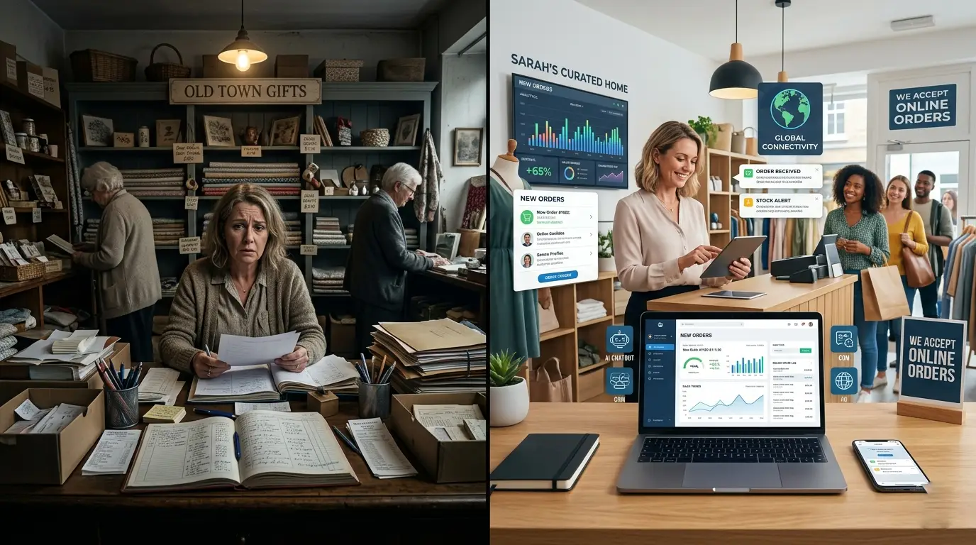 A split-screen comparison of a small business transformation. Left: A stressed shop owner at a messy desk with piles of paper ledgers in a dimly lit, traditional store. Right: The same owner smiling in a bright, modern shop, using a tablet and laptop displaying digital analytics, AI automation icons, and a "Global Connectivity" symbol.