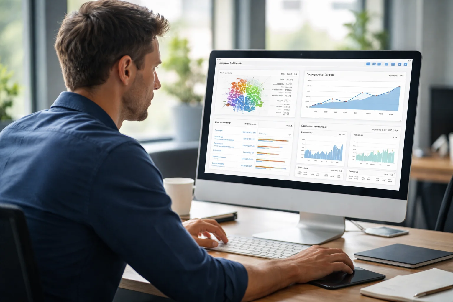 Professional SEO strategist analyzing semantic SEO analytics dashboard with keyword clusters and traffic graphs in a modern office