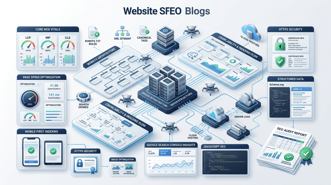 Premium 3D isometric illustration of a technical SEO checklist dashboard for 2026, showing interconnected elements like Core Web Vitals, crawlability, XML sitemap, schema markup, and mobile-first indexing on a clean white background.